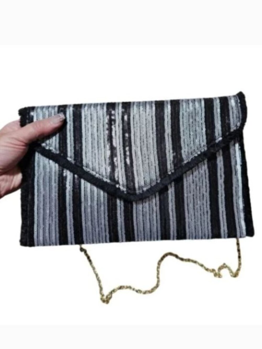 Black & Silver Shiny Sequin Envelope Clutch Shoulder Bag